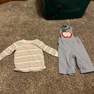Vintage Outfit Overalls Long Sleeve Shirt 18 Months Stripe Apple Y2K Embroider